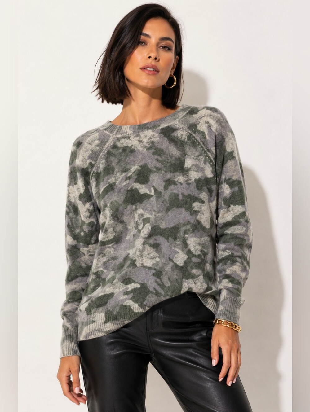 AQUA Cashmere Camouflage 100% Cashmere Raglan Sweater Green Gray M